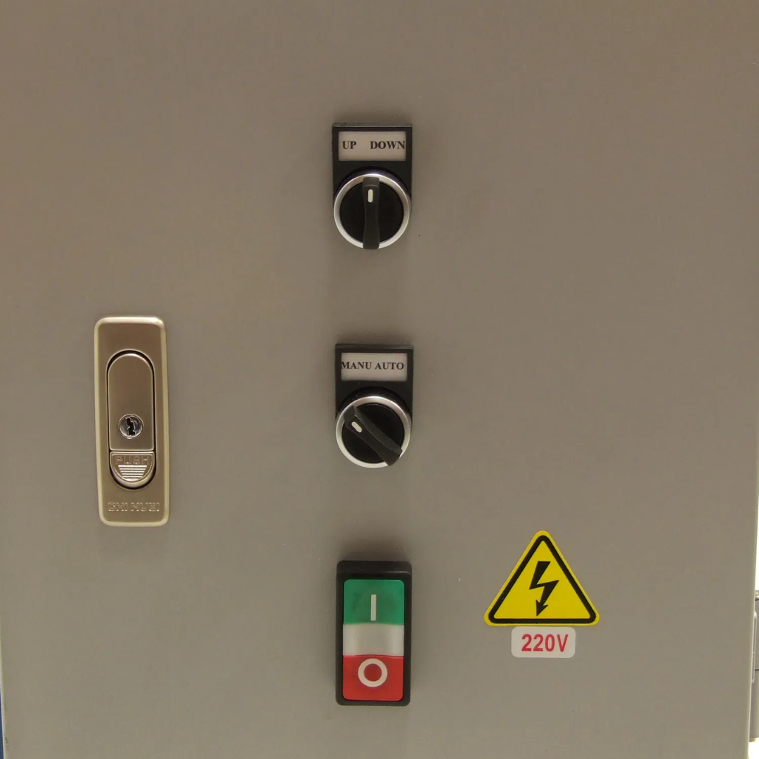 Baileigh Sheet Metal Corner Notcher SN-F09-MS 1007231 operator control panel with start, stop, and emergency controls for safe industrial operation.