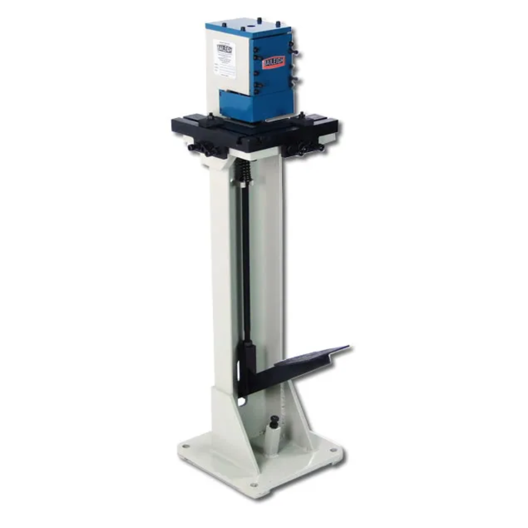 Baileigh Sheet Metal Corner Notcher SN-F16-FN 1007258 heavy-duty floor-standing sheet metal corner notching machine with precision notching head, adjustable support stand, and industrial steel construction.