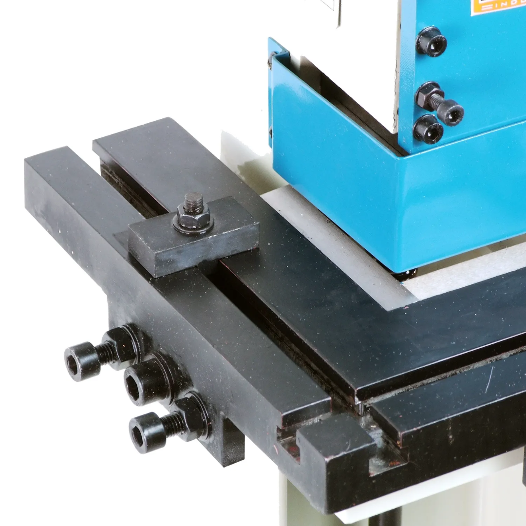 Baileigh Sheet Metal Corner Notcher SN-F16-FN 1007258 side view of the adjustable material support system for stable workpiece positioning during notching operations.