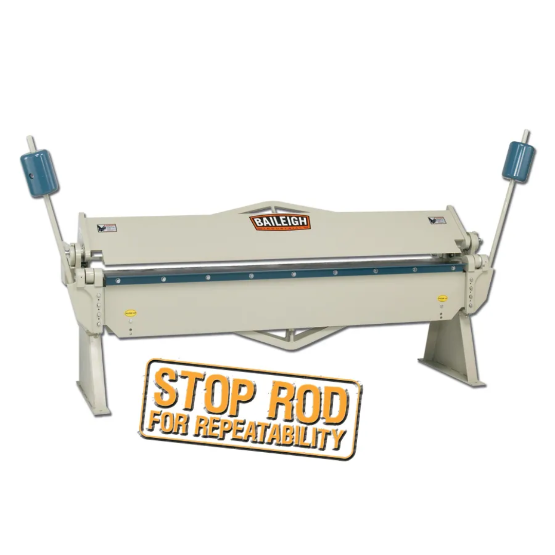 Baileigh Sheet Metal Leaf Brake (HB-9612) 1004652 heavy-duty manual leaf brake with 96-inch bending width, dual counterweight handles, integrated stop rod system, and industrial sheet metal forming construction.