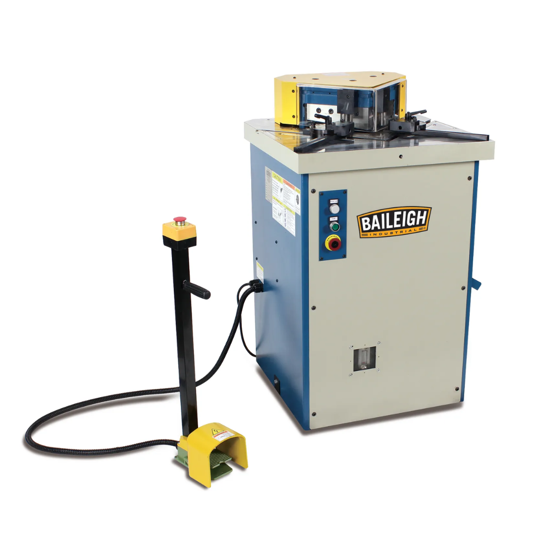 Baileigh Sheet Metal Notcher SN-F04-MS 1007213 hydraulic corner notching machine with industrial steel cabinet, precision notching head, foot pedal control, and heavy-duty construction for sheet metal fabrication.