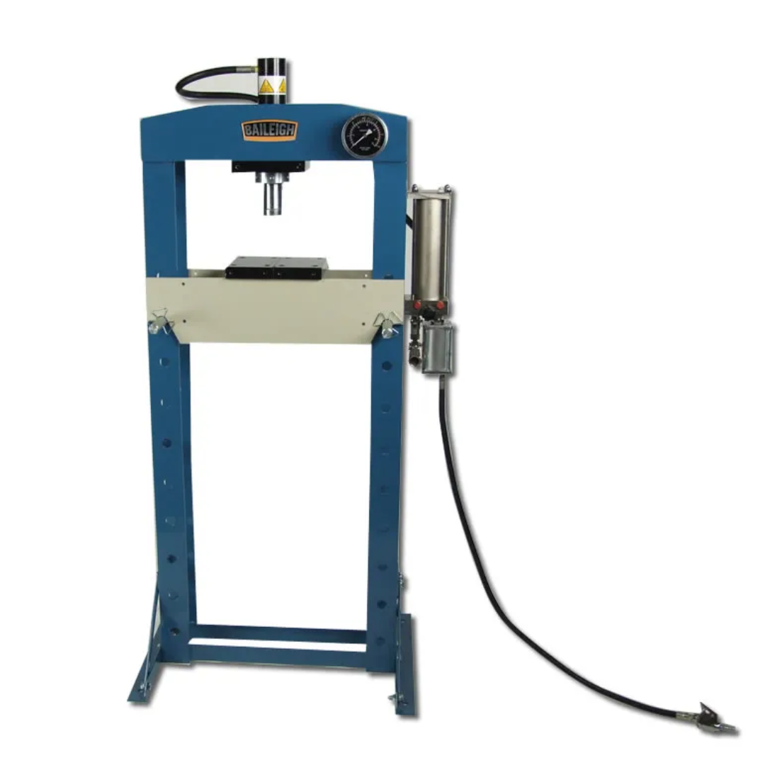 Baileigh Shop Press: H Frame, 7.5" Stroke 1004808 featuring heavy-duty welded steel construction, hydraulic ram, pressure gauge, and open-frame design for pressing, bending, and assembly applications.