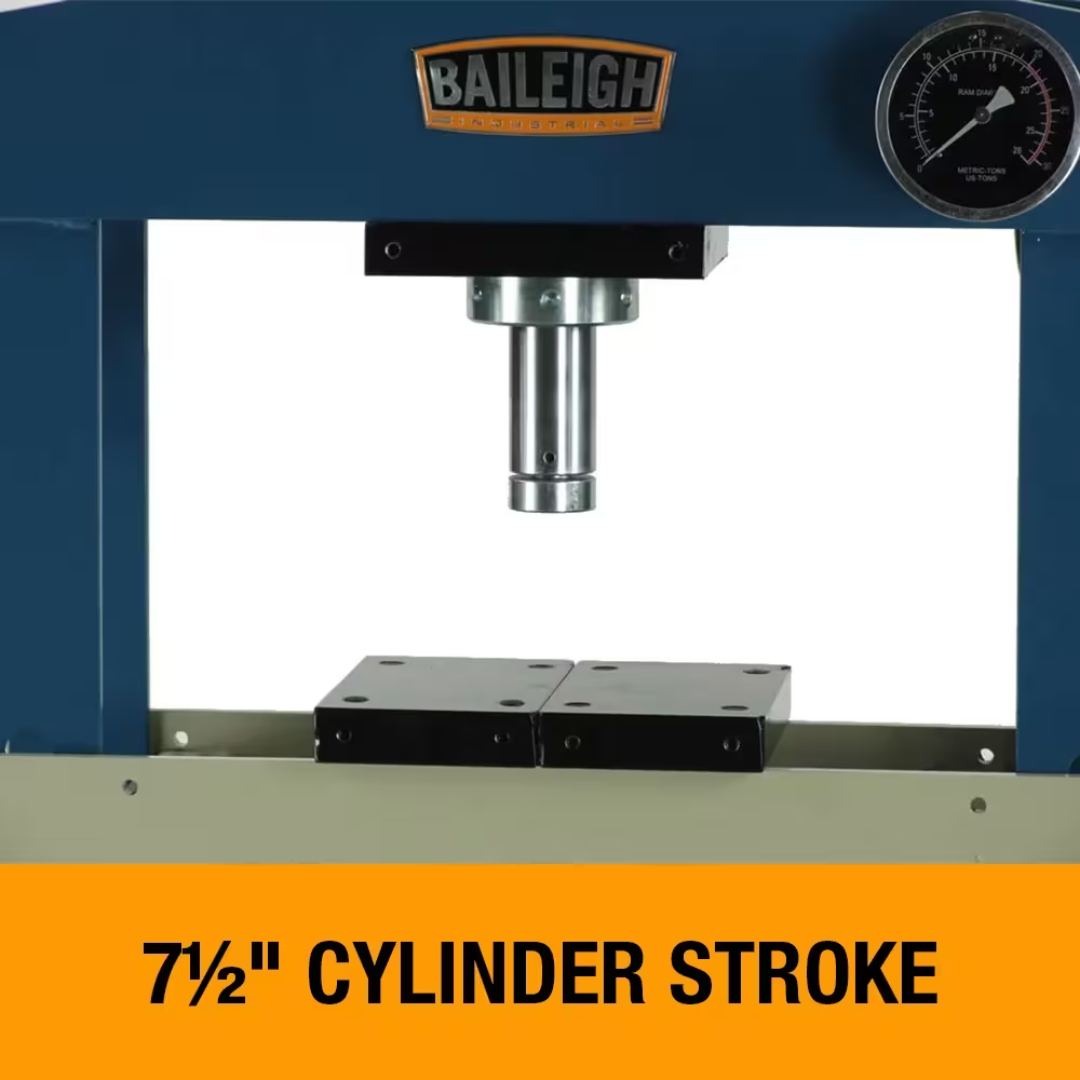 Baileigh Shop Press: H Frame, 7.5" Stroke 1004808 hydraulic cylinder assembly with 7.5-inch stroke for controlled pressing and forming applications.