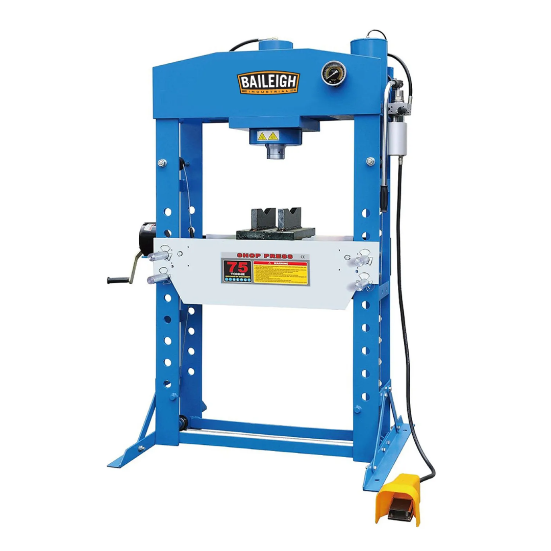 Baileigh Shop Press: H Frame, 9.8" Stroke 1004859 featuring heavy-duty welded steel H-frame construction, hydraulic pressing system, adjustable work table, and industrial-grade design for pressing, straightening, bending, and forming applications.