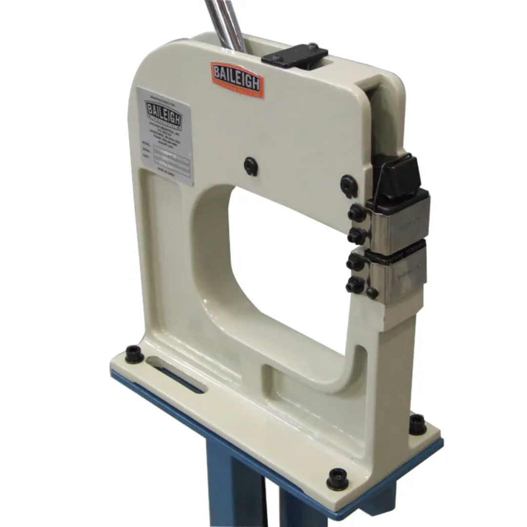 Baileigh Shrinker Stretcher (MSS-16) 1005707 side-angle view highlighting cast frame design, forming jaws, and manual leverage system for precision metal shaping.