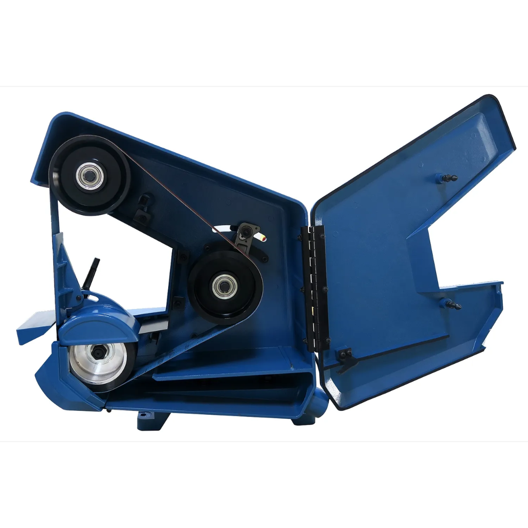 Baileigh Single Speed Belt Grinder - (BG-260S) 1227894 belt tracking assembly detail showing adjustable rollers, durable belt support system, and accurate belt alignment controls.