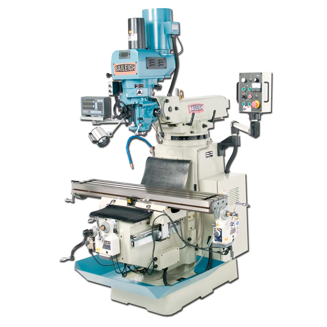 Baileigh Variable-Speed Vertical Mill, DRO, Powerfeeds (VM-1054-3) 1008136 industrial vertical knee milling machine featuring a 10 × 54 precision worktable, variable-speed milling head, digital readout, powerfeeds, coolant system, and heavy-duty cast iron construction for professional metalworking applications.