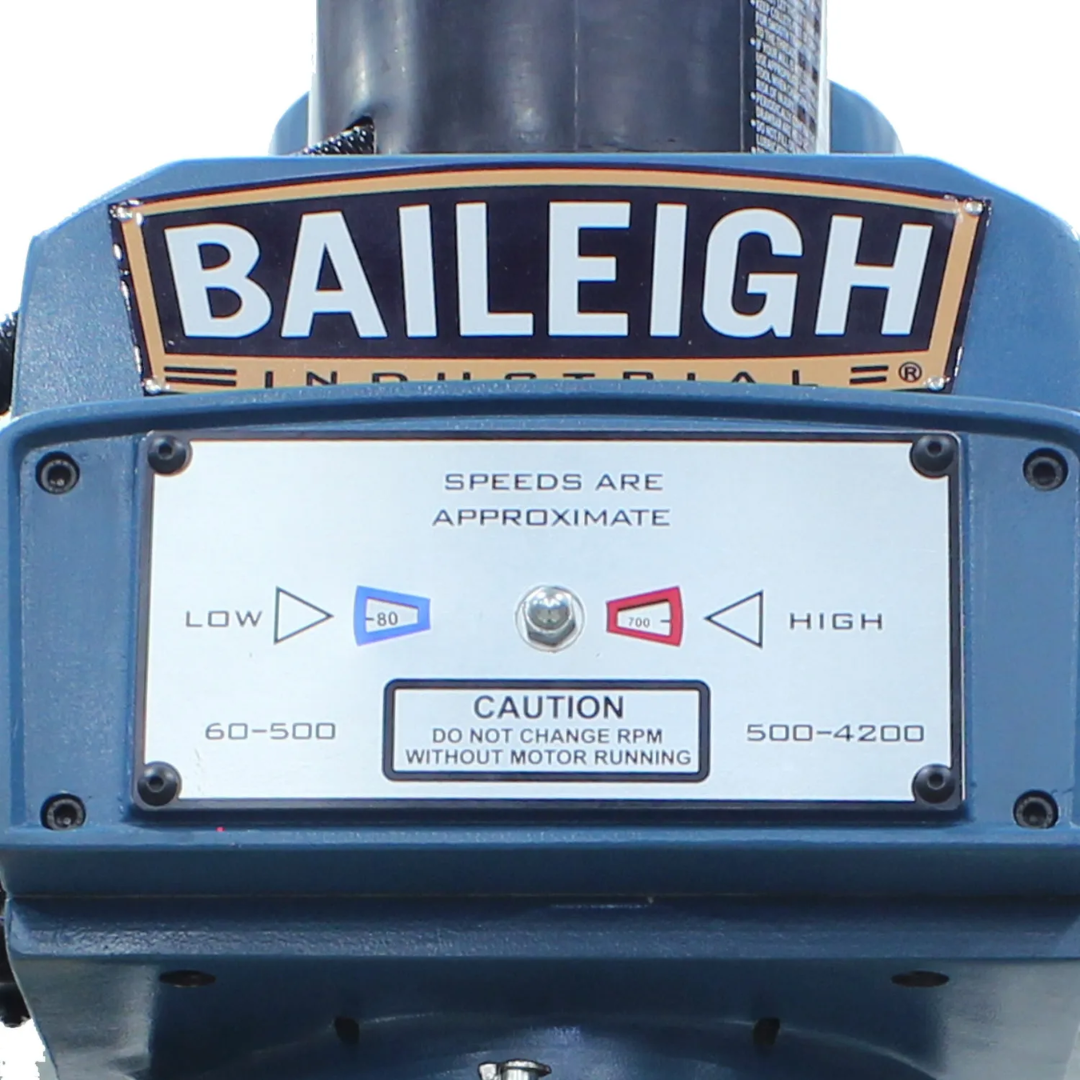 Baileigh Variable-Speed Vertical Mill, DRO, Powerfeeds (VM-1054E-VS) 1020696 Baileigh machine head and branding detail highlighting rugged industrial construction.
