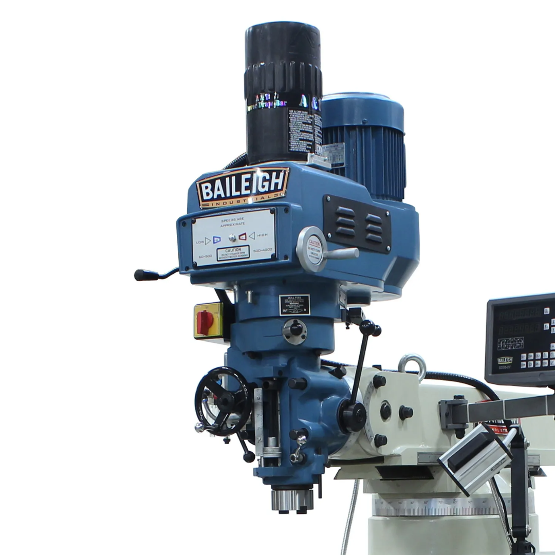 Baileigh Variable-Speed Vertical Mill, DRO, Powerfeeds (VM-1054E-VS) 1020696 angled full-machine view featuring the variable-speed milling head, worktable, and power feed system.