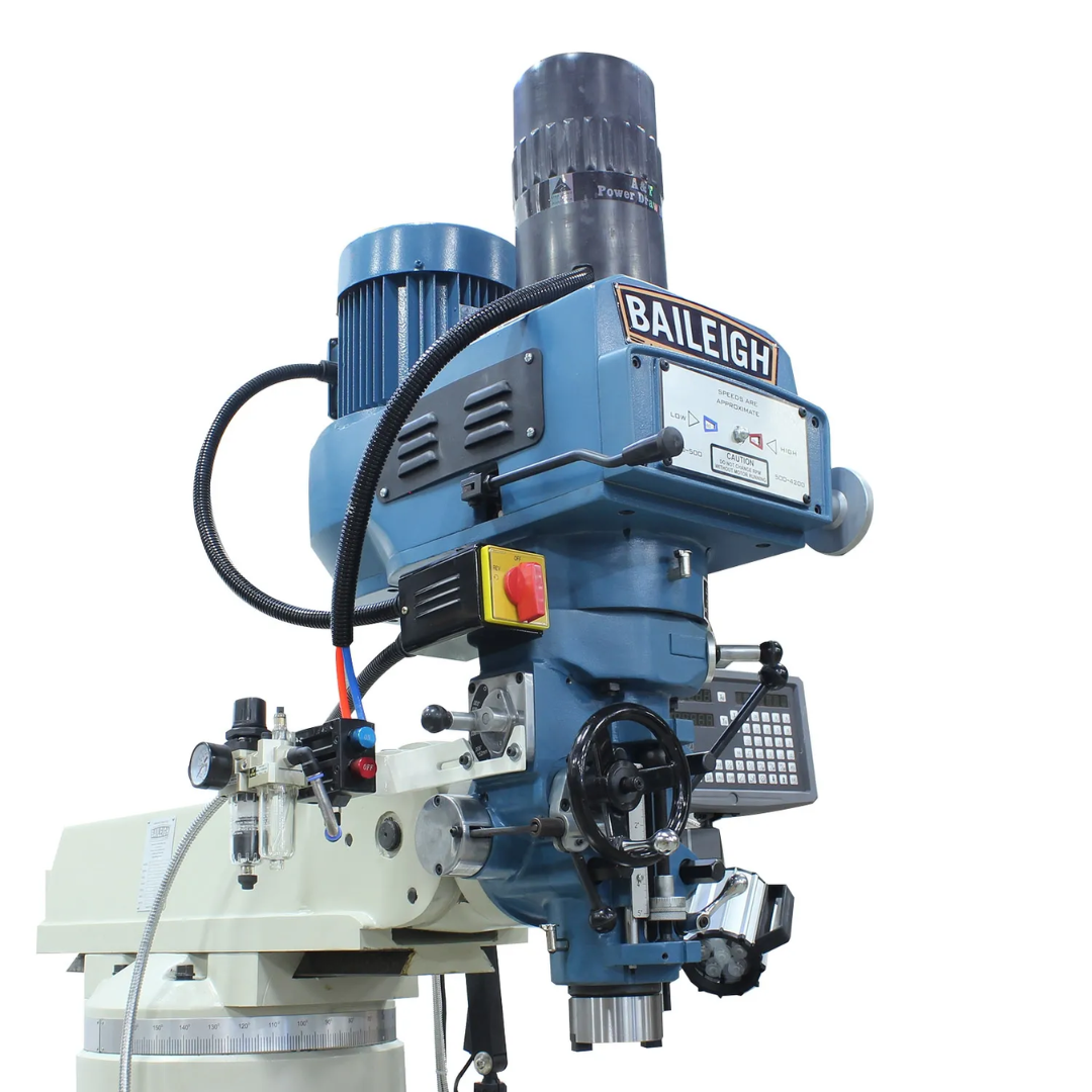 Baileigh Variable-Speed Vertical Mill, DRO, Powerfeeds (VM-1054E-VS) 1020696 perspective view of the complete vertical milling machine with digital readout and heavy-duty cast iron construction.