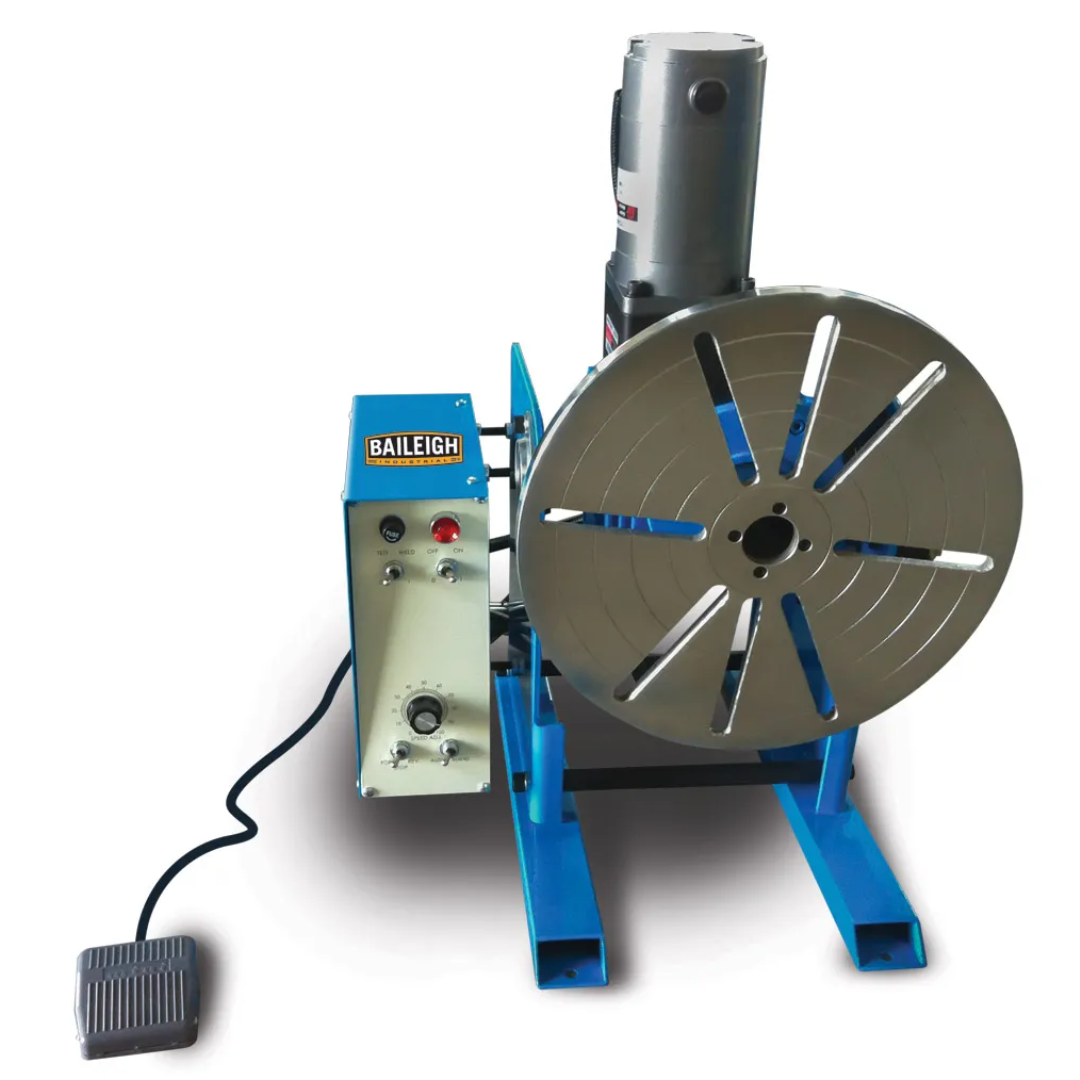 Baileigh Variable-Speed Welding Positioner (WP-750) 1008397 industrial welding positioner featuring a precision rotating table, variable-speed control, foot pedal operation, and heavy-duty construction for accurate weld positioning and fabrication efficiency.