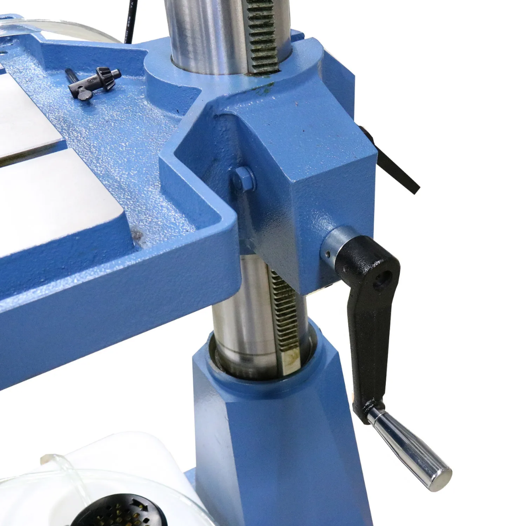 Baileigh Variable Speed Drill Press DP-1200VS 1020169 close-up of the adjustable table support and column assembly engineered for accurate positioning, stability, and precision drilling performance.