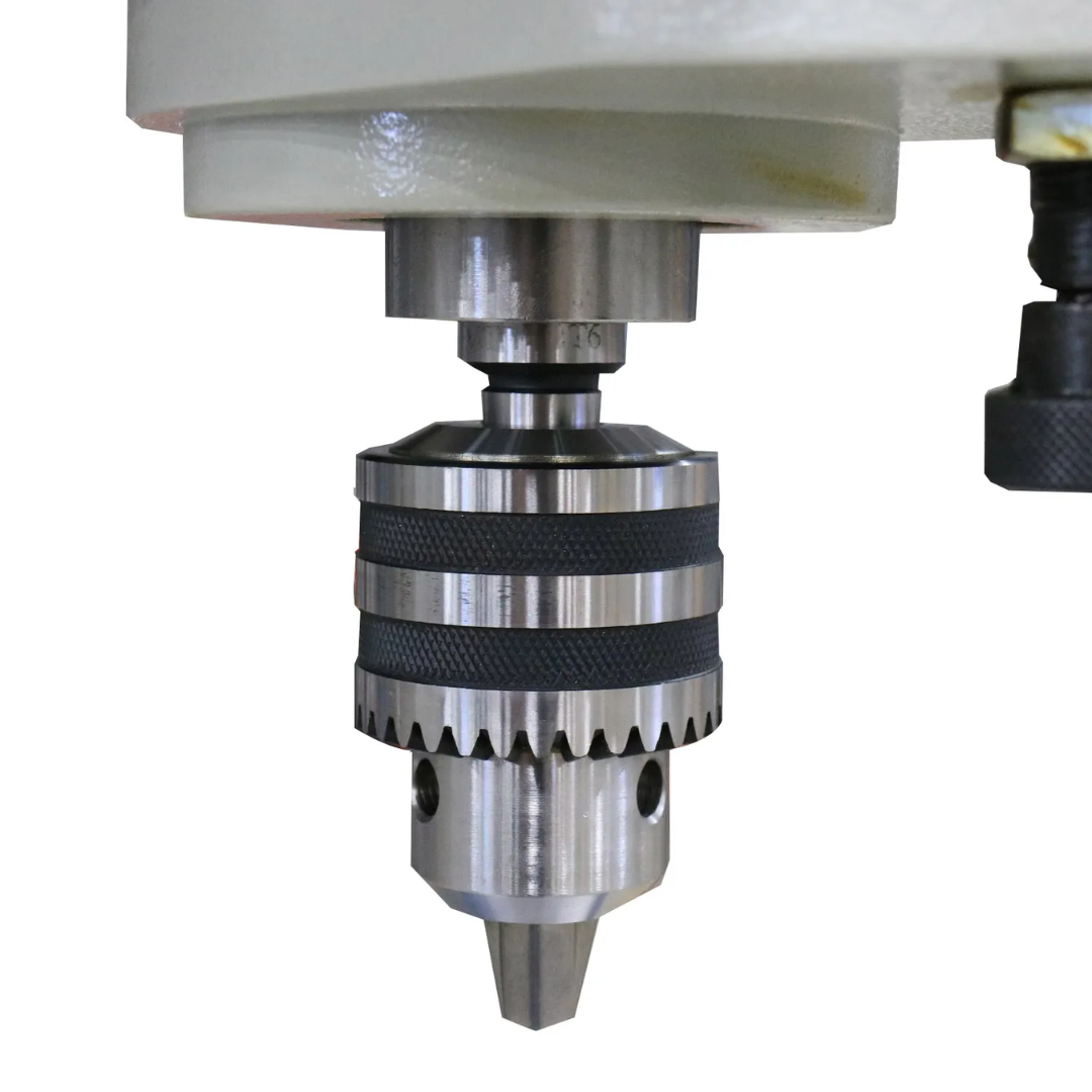 Baileigh Variable Speed Drill Press DP-1200VS 1020169 close-up of the drill chuck and spindle system designed for smooth operation, precise hole creation, and industrial-duty performance.