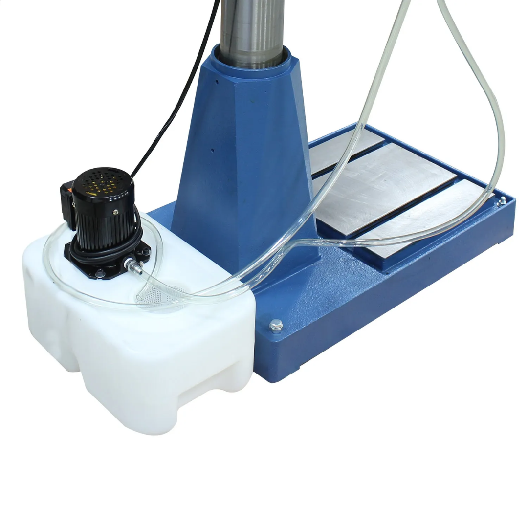 Baileigh Variable Speed Drill Press DP-1200VS 1020169 detailed view of the coolant system and machine base components supporting extended drilling operations and improved tool life.