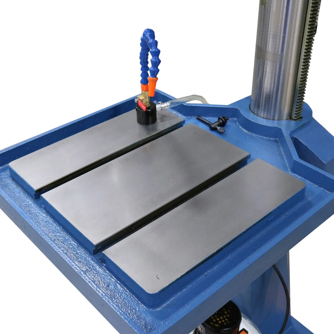 Baileigh Variable Speed Drill Press DP-1200VS 1020169 work table featuring T-slots for secure fixture mounting, workpiece positioning, and enhanced drilling accuracy.