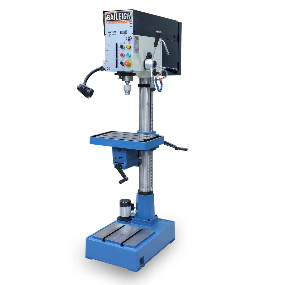 Baileigh Variable Speed Drill Press DP-1400VS 1022511 front view featuring a heavy-duty variable speed floor drill press with adjustable worktable, precision spindle, and industrial steel column for accurate metal drilling applications.