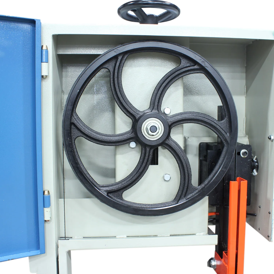 Baileigh Vertical Bandsaw BSV-12VS-V2 1230387 lower wheel compartment illustrating the robust wheel construction that supports smooth blade movement and cutting consistency.