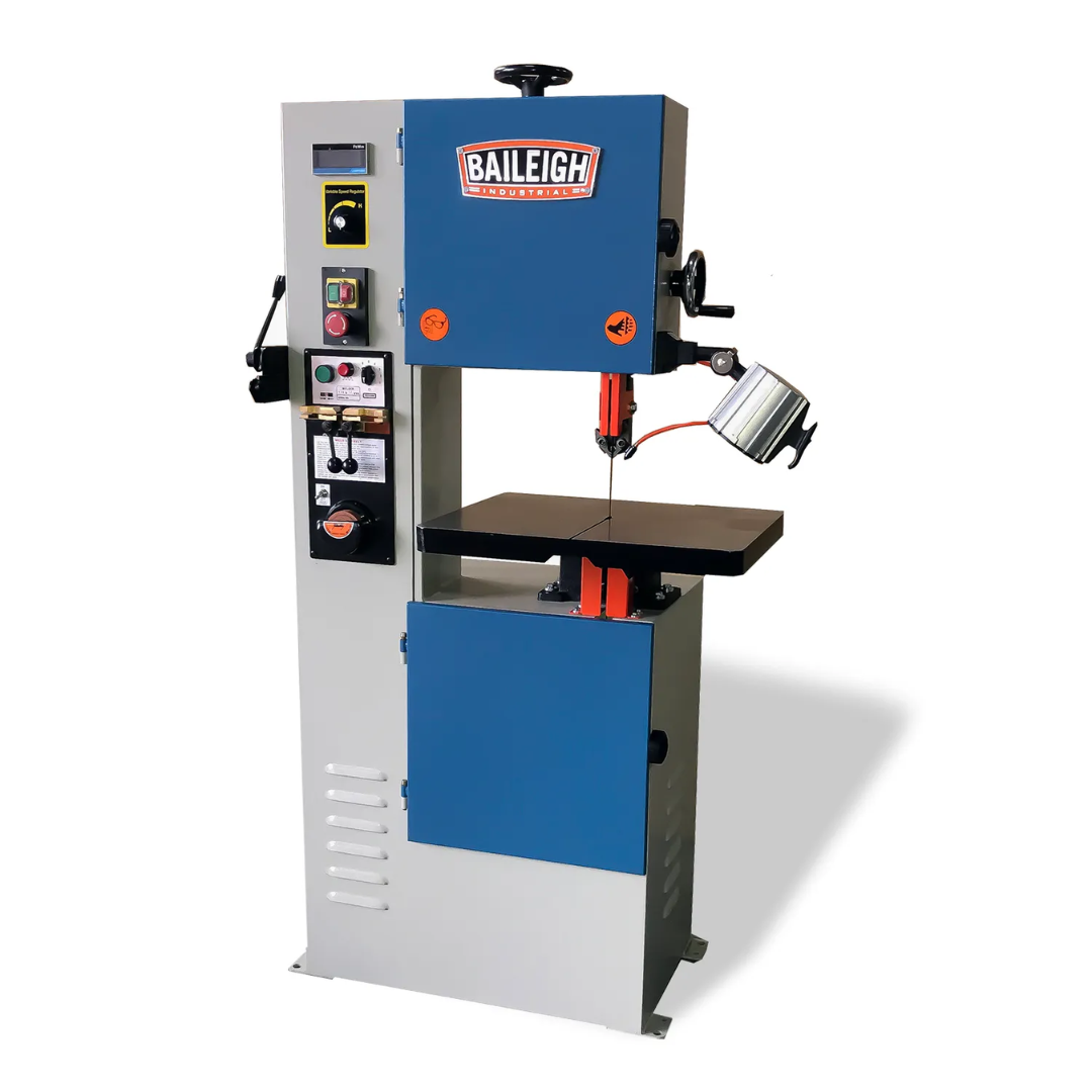 Baileigh Vertical Bandsaw BSV-14VS-V2 1230388 shown in a full front view, featuring a heavy-duty vertical bandsaw, variable-speed drive, precision cast iron worktable, and industrial steel cabinet designed for accurate metal cutting and fabrication.