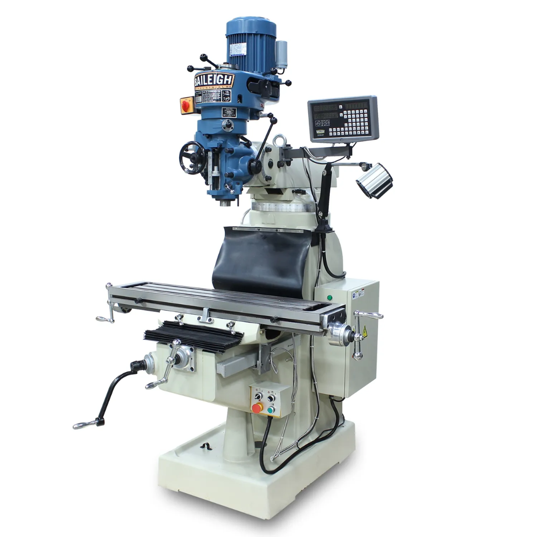 Baileigh Vertical Knee Mill - VM-942E-1 1020695 industrial vertical knee milling machine with precision worktable, digital readout, and variable-speed milling head.