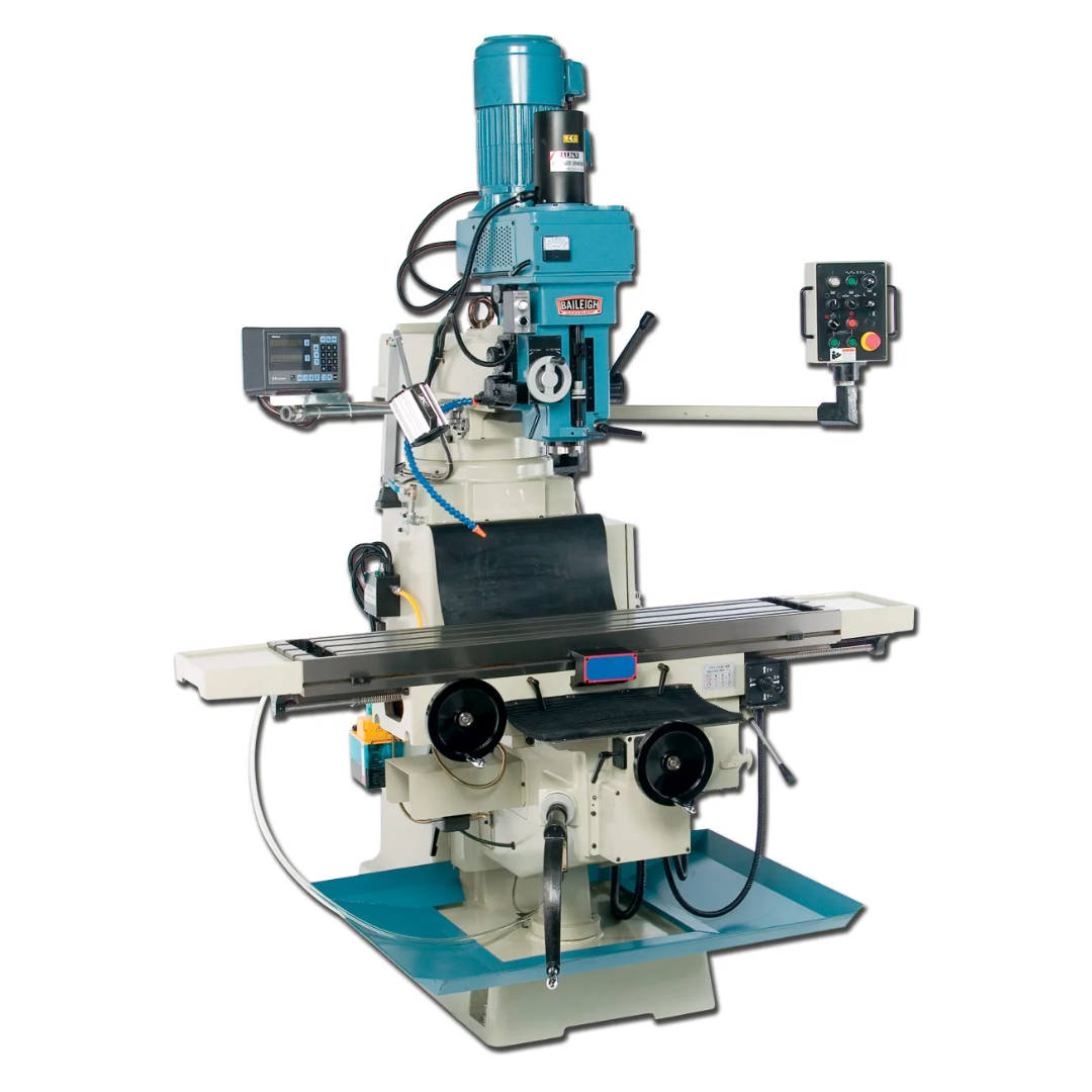 Baileigh Vertical Knee Mill VM-1258-3 1008169 industrial vertical knee milling machine with precision spindle, digital readout, large worktable, and heavy-duty cast iron construction.