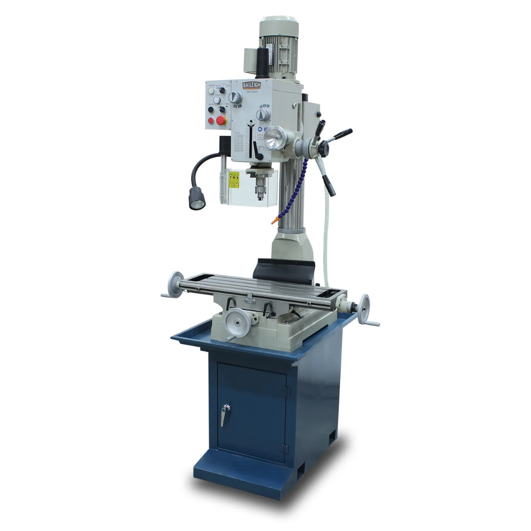 Baileigh Vertical Mill Drill VMD-828G 1020692 precision milling and drilling machine with geared head, adjustable worktable, and heavy-duty steel stand designed for metalworking and machining applications.