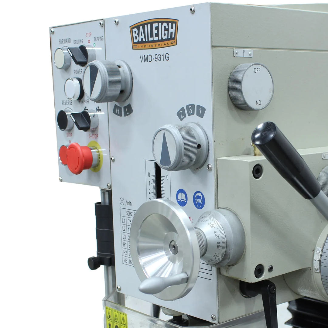 Baileigh Vertical Mill Drill (VMD-931G) 1020693 close-up of the handwheel and feed control mechanisms engineered for smooth operation, accurate positioning, and precision machining performance.