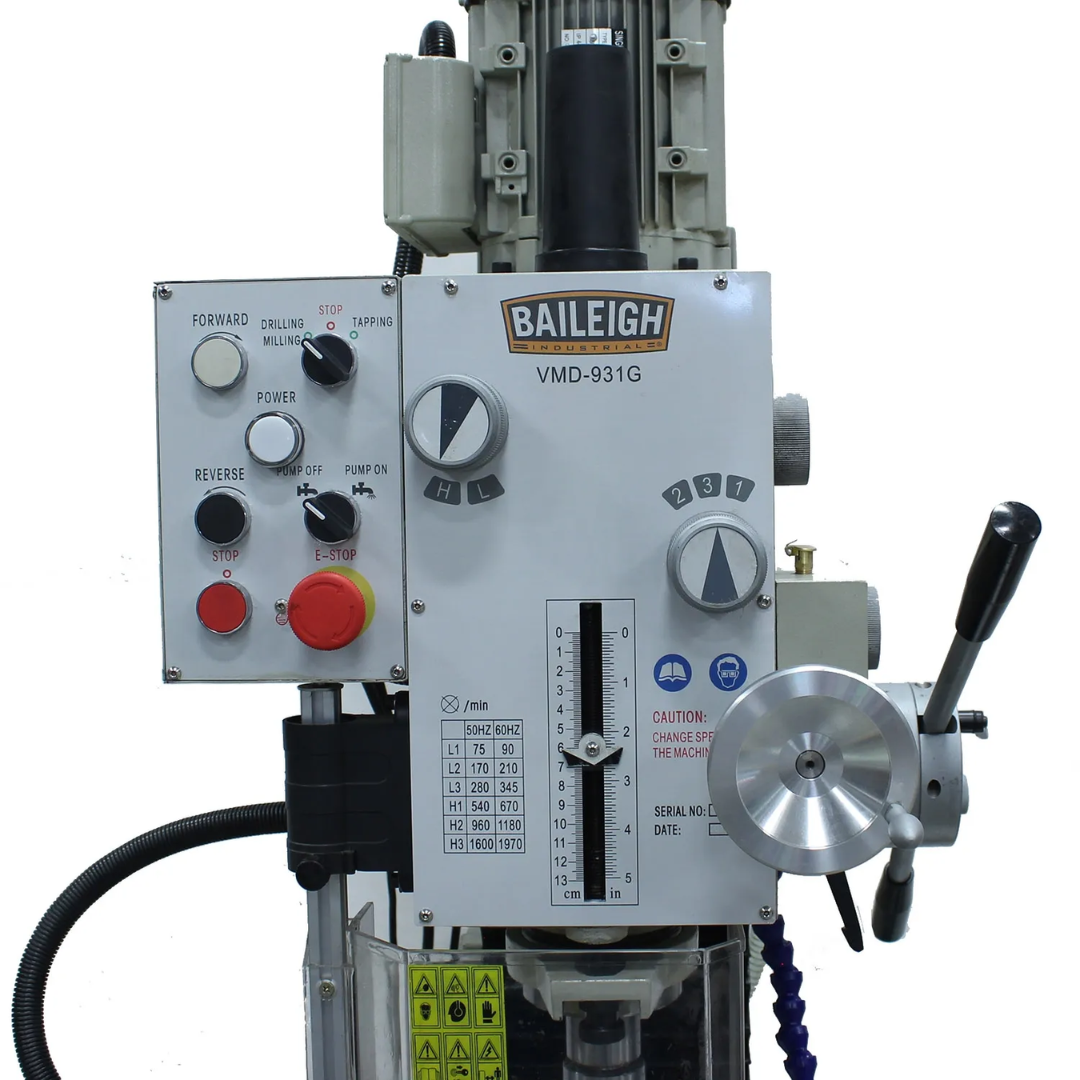Baileigh Vertical Mill Drill (VMD-931G) 1020693 front view highlighting the operator control panel, spindle controls, and industrial-grade construction for versatile milling and drilling applications.