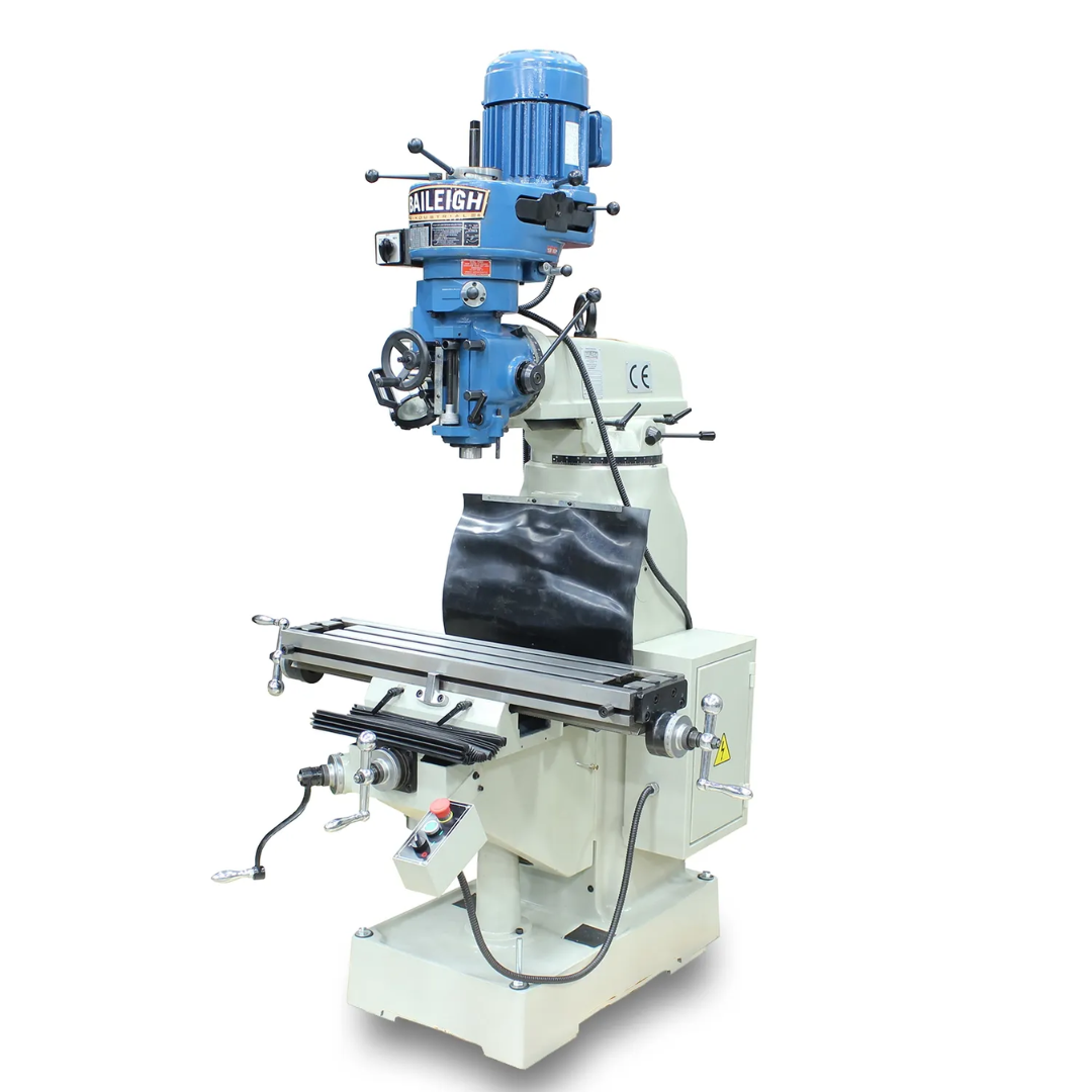Baileigh Vertical Mill VM-836E-1 1020694 industrial vertical milling machine with precision worktable, variable-speed milling head, and heavy-duty cast iron construction for professional metalworking.
