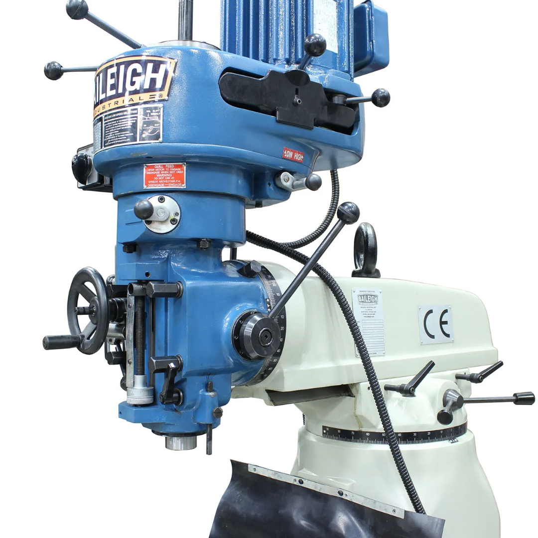 Baileigh Vertical Mill VM-836E-1 1020694 vertical milling head with precision spindle, quill controls, and rigid construction for accurate machining operations.
