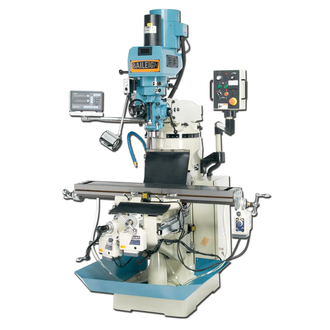 Baileigh Vertical Milling Machine - VM-949-3 1008236 industrial vertical knee mill with precision digital readout, power feeds, and heavy-duty cast iron construction for metal machining applications.