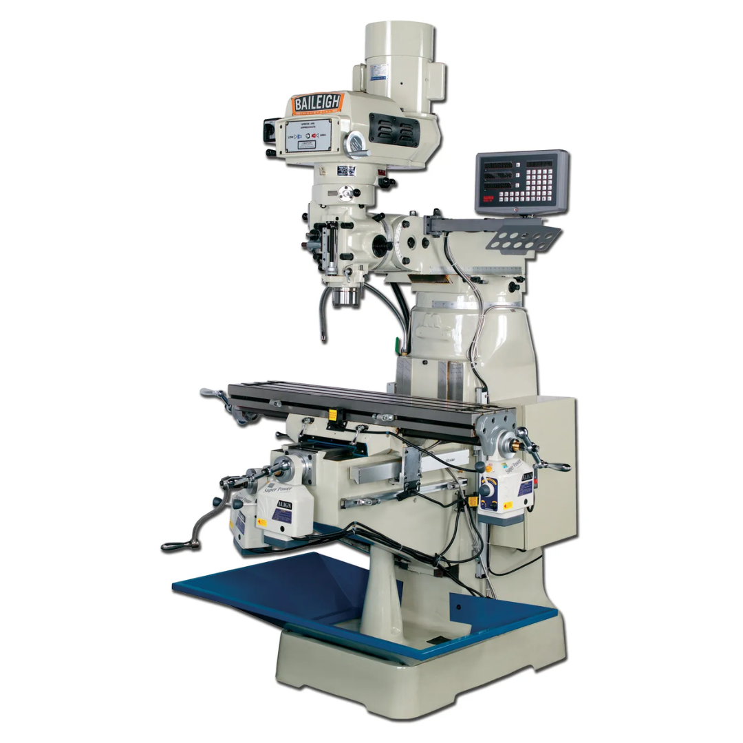 Baileigh Vertical Milling Machine VM-942-1 1008192 industrial vertical knee milling machine with precision milling head, digital readout, powerfeeds, variable-speed controls, and heavy-duty cast iron construction for professional metalworking applications.