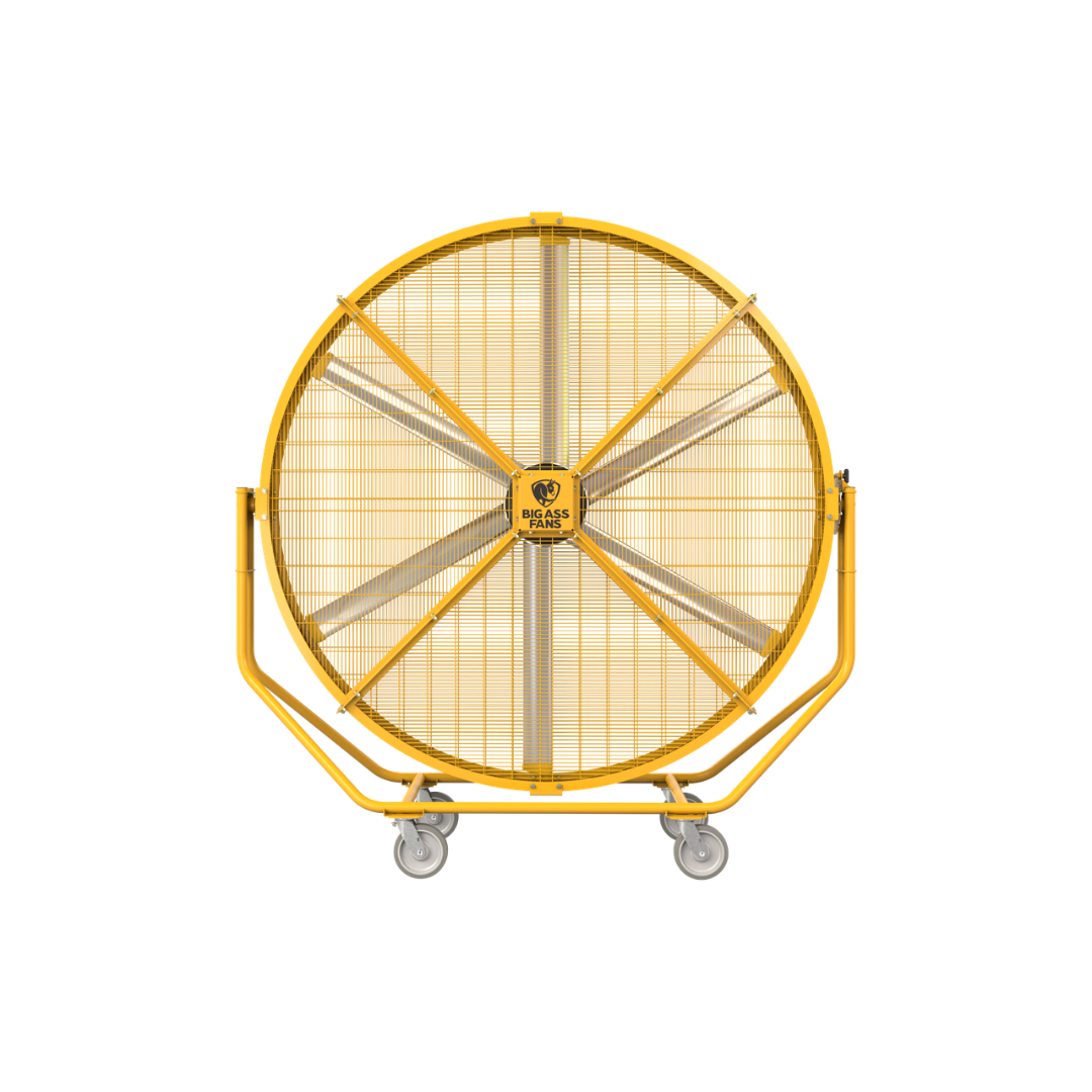 Big Ass Fans AirGo Directional Fan F-AG2-0801 industrial directional fan front view with large yellow airflow blades and wheeled frame