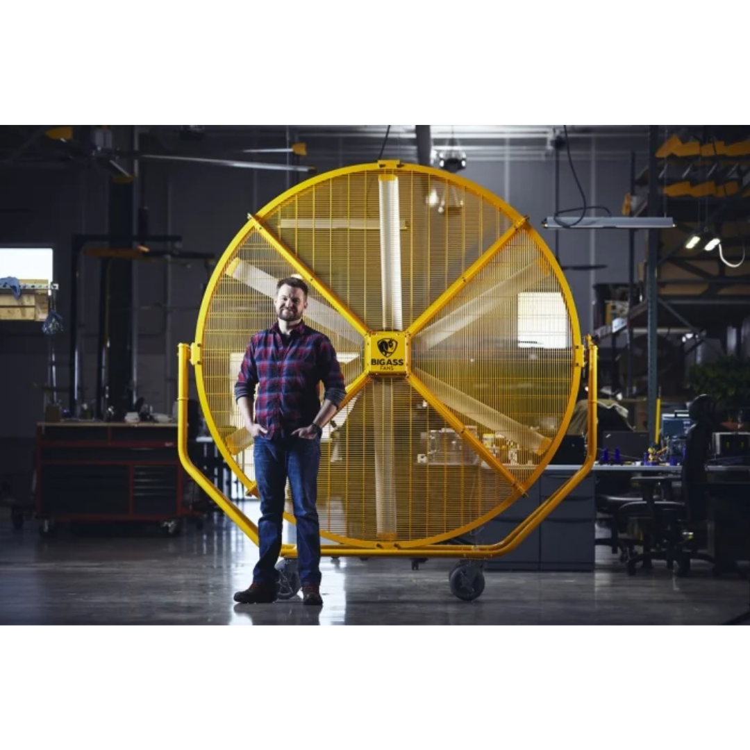 Big Ass Fans AirGo Directional Fan F-AG2-0801 outdoor commercial directional fan positioned near building entrance
