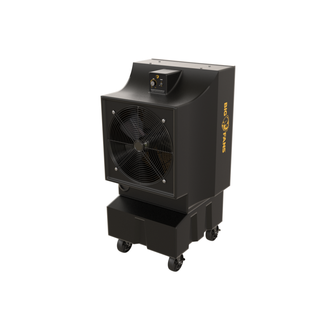 Big Ass Fans Cool-Space 300 Evaporative Cooler F-EV1-1801 portable industrial evaporative cooler front view with wheeled base