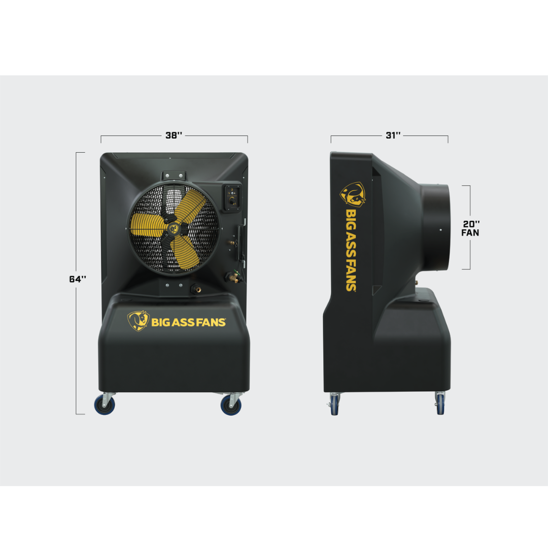 Big Ass Fans Cool-Space 350 Evaporative Cooler E-350-2001 front and side perspective product display highlighting large airflow fan