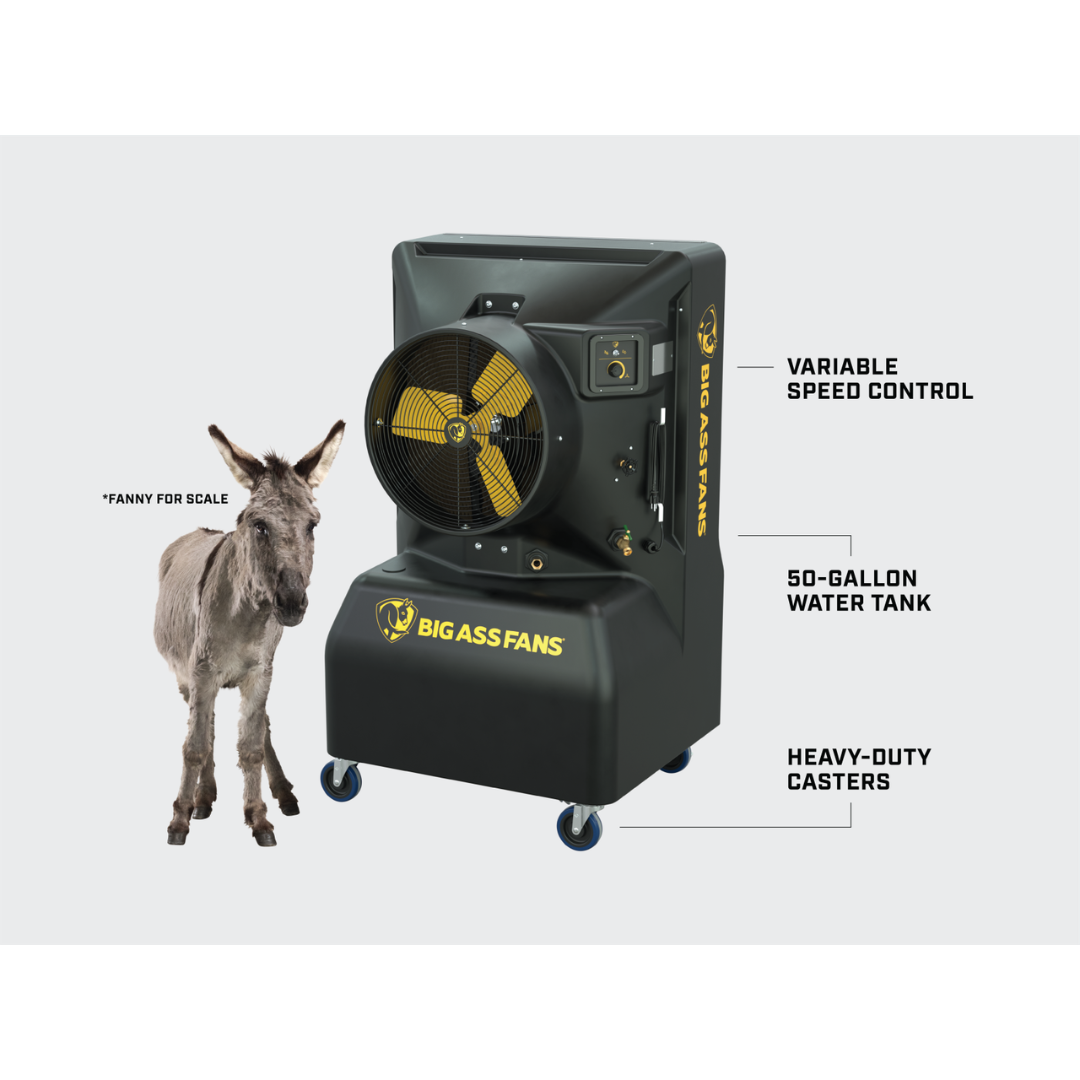 Big Ass Fans Cool-Space 350 Evaporative Cooler E-350-2001 industrial portable cooler positioned beside worker for size comparison