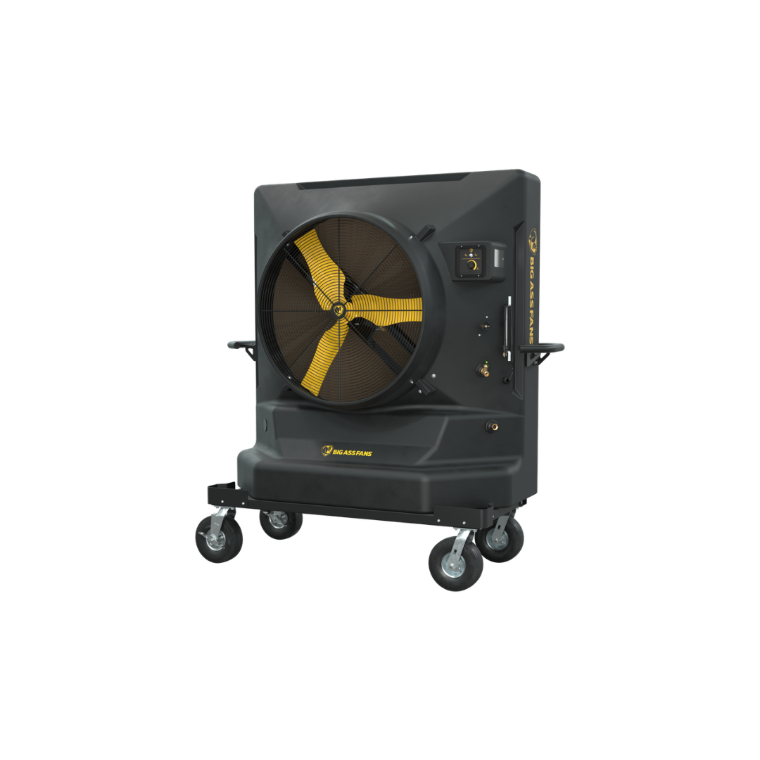 Big Ass Fans Cool-Space 400 Evaporative Cooler E-400-3601 angled side view showing industrial evaporative cooler airflow design