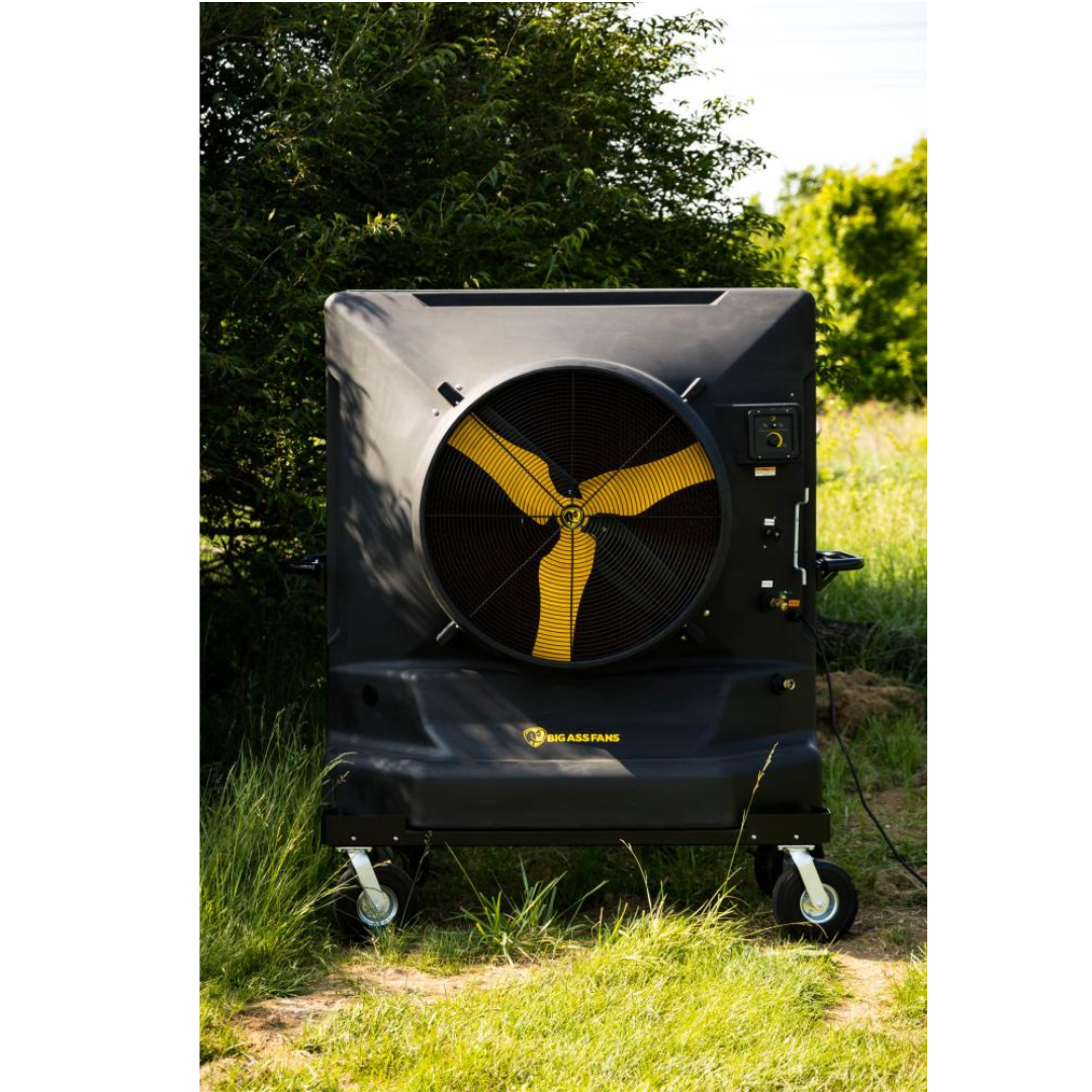 Big Ass Fans Cool-Space 400 Evaporative Cooler E-400-3601 outdoor cooling unit placed near garden landscaping