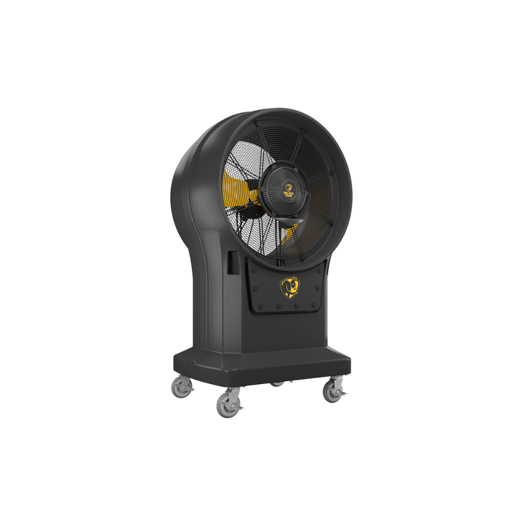 Big Ass Fans Torrent Portable Misting Fan F-TOR1-3001 side profile showing misting fan airflow housing and mobility base