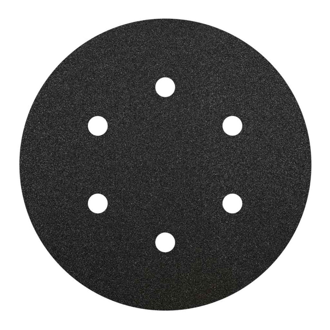 Black 6-inch Klingspor PS11 Silicon Carbide Wet/Dry sanding disc with 6-hole pattern and Kling-On hook-and-loop backing for ultra-fine 1000 grit finishing, polishing, and precision wet or dry sanding applications.
