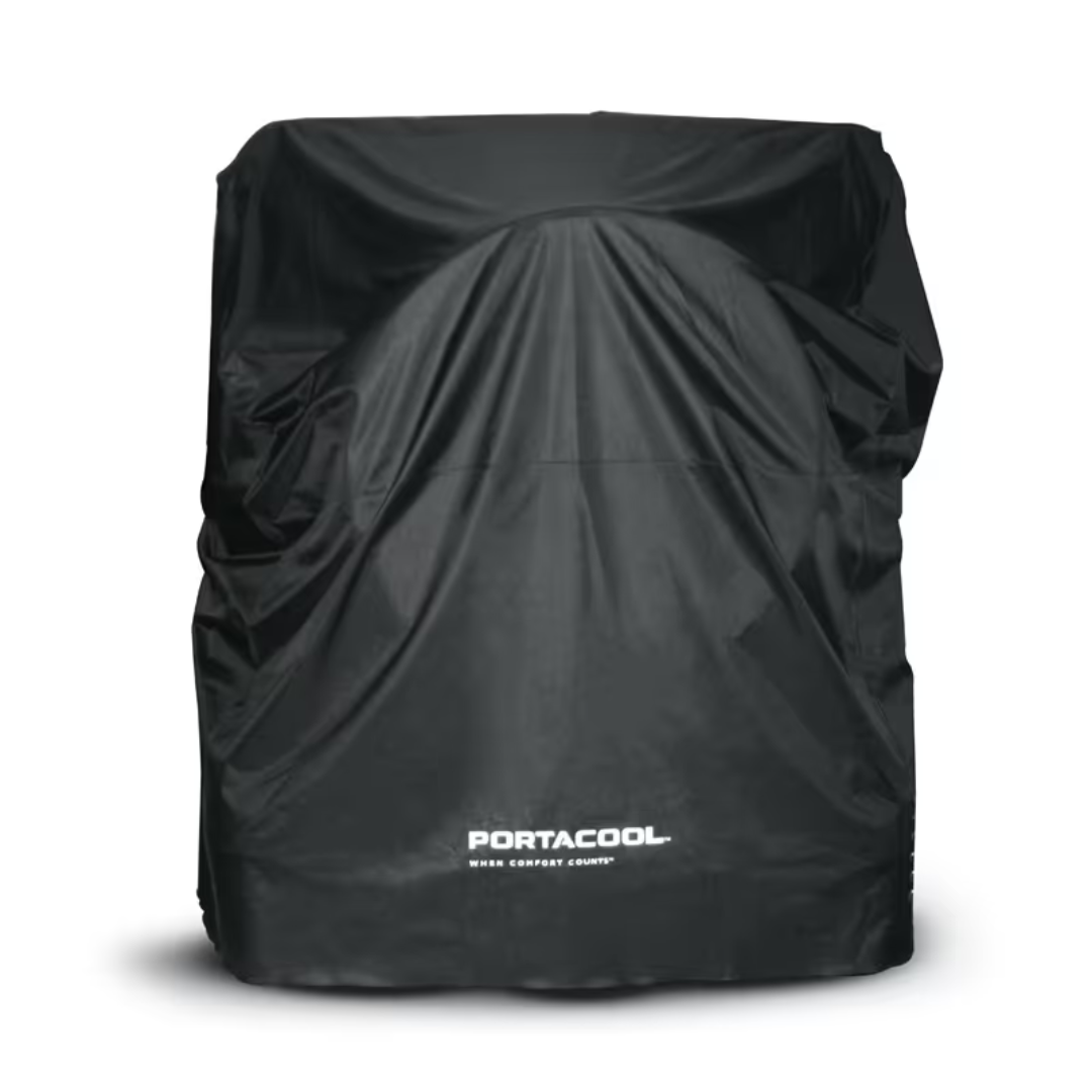 Black weather-resistant Portacool APEX 6500 and Jetstream 270 Protective Cover CVRR0006K covering a large portable evaporative cooler for protection from outdoor elements