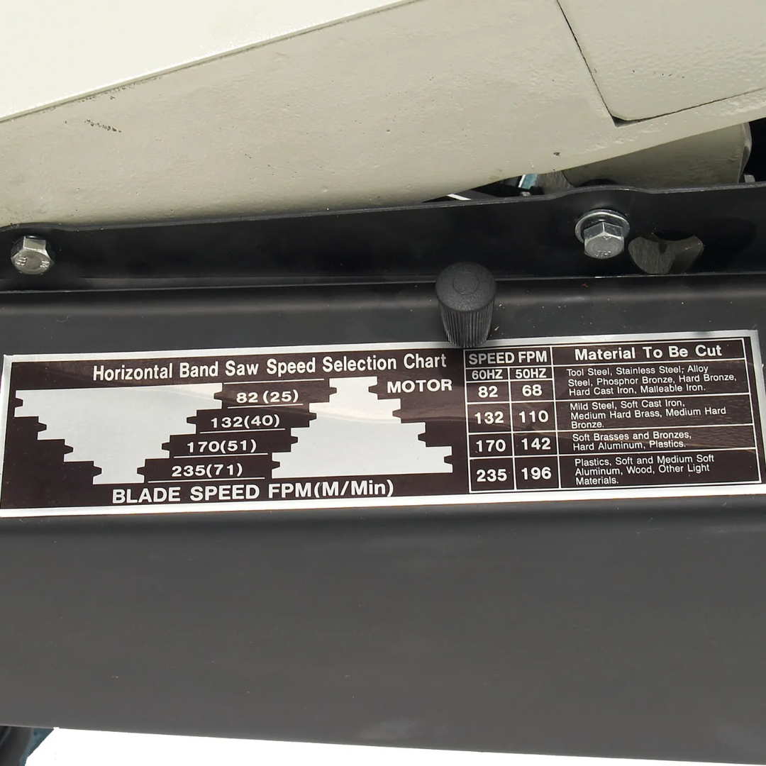 Blade tension scale and guide detail on the Baileigh 10-Inch Horizontal Bandsaw, 2 HP, 240V 1Ph (BS-300M) 1001492 for accurate blade setup.