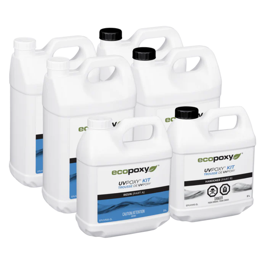 Bulk packaging lineup of Ecopoxy UVPoxy Epoxy Coating for Woodworkers & Artists for commercial and workshop use.