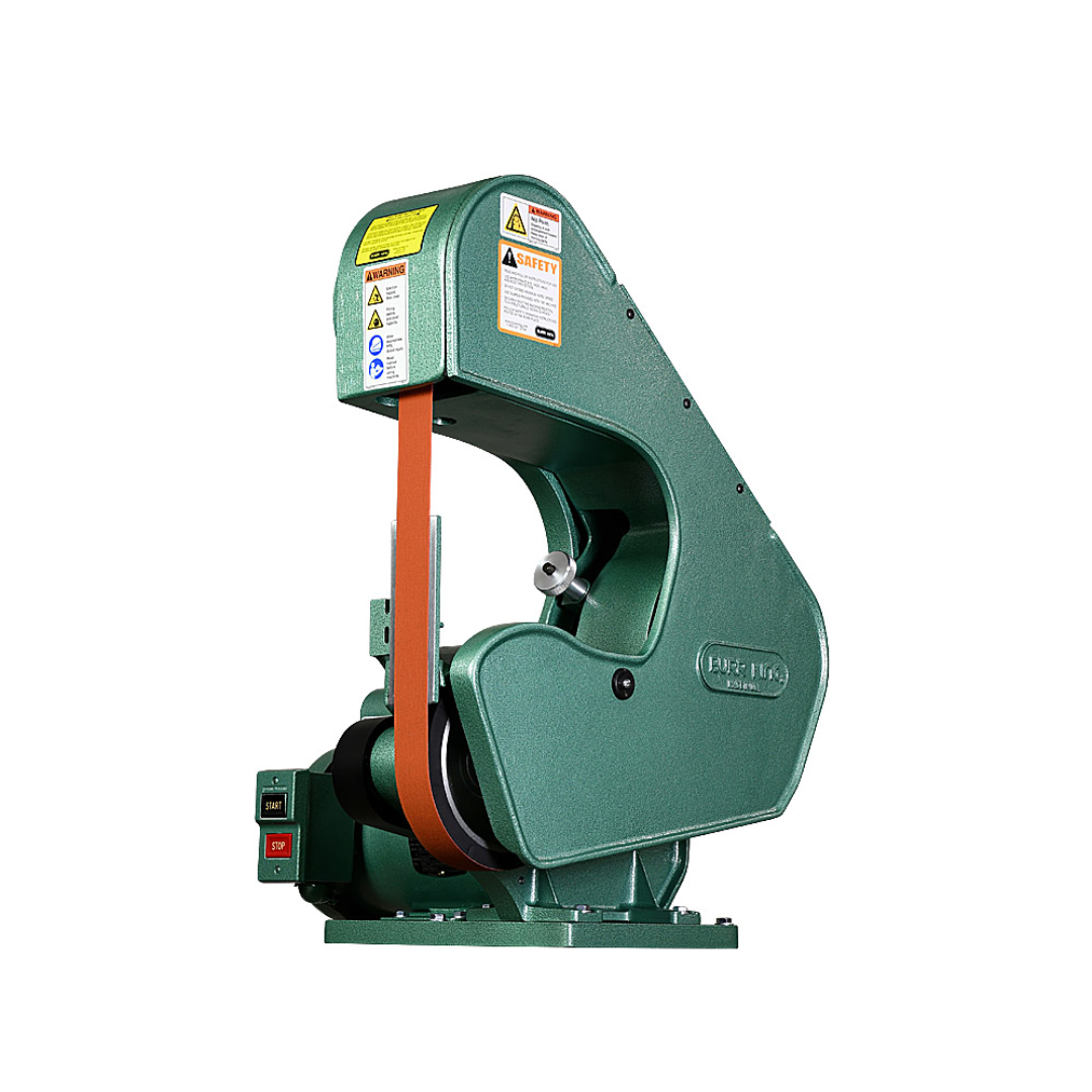 Burr King 1.5 x 60 or 2 x 60 Three Wheel Belt Grinder Model 760 70100 front angle view highlighting the abrasive belt, contact wheel, and heavy-duty cast aluminum construction.