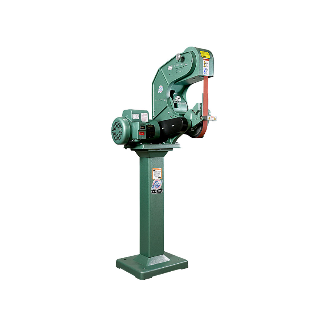 Burr King 1.5 x 60 or 2 x 60 Three Wheel Belt Grinder Model 760 70100 pedestal-mounted configuration for ergonomic industrial grinding and finishing operations.