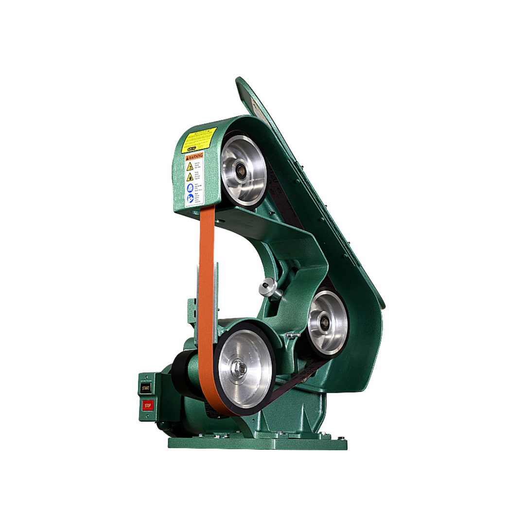Burr King 1.5 x 60 or 2 x 60 Three Wheel Belt Grinder Model 760 70100 side view illustrating the three-wheel belt path and precision tracking assembly.