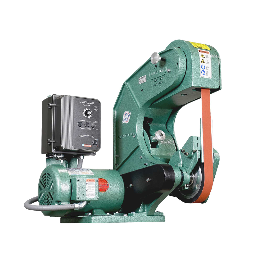 Burr King 1.5 x 60 or 2 x 60 Three Wheel Belt Grinder Model 760 72110 bench-mounted variable speed belt grinder showing the three-wheel belt path, motor, and variable frequency drive.