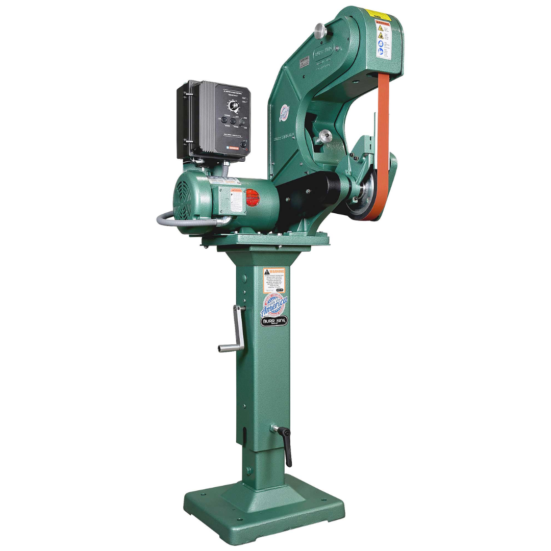 Burr King 1.5 x 60 or 2 x 60 Three Wheel Belt Grinder Model 760 72110 pedestal-mounted configuration for ergonomic industrial grinding and finishing operations.