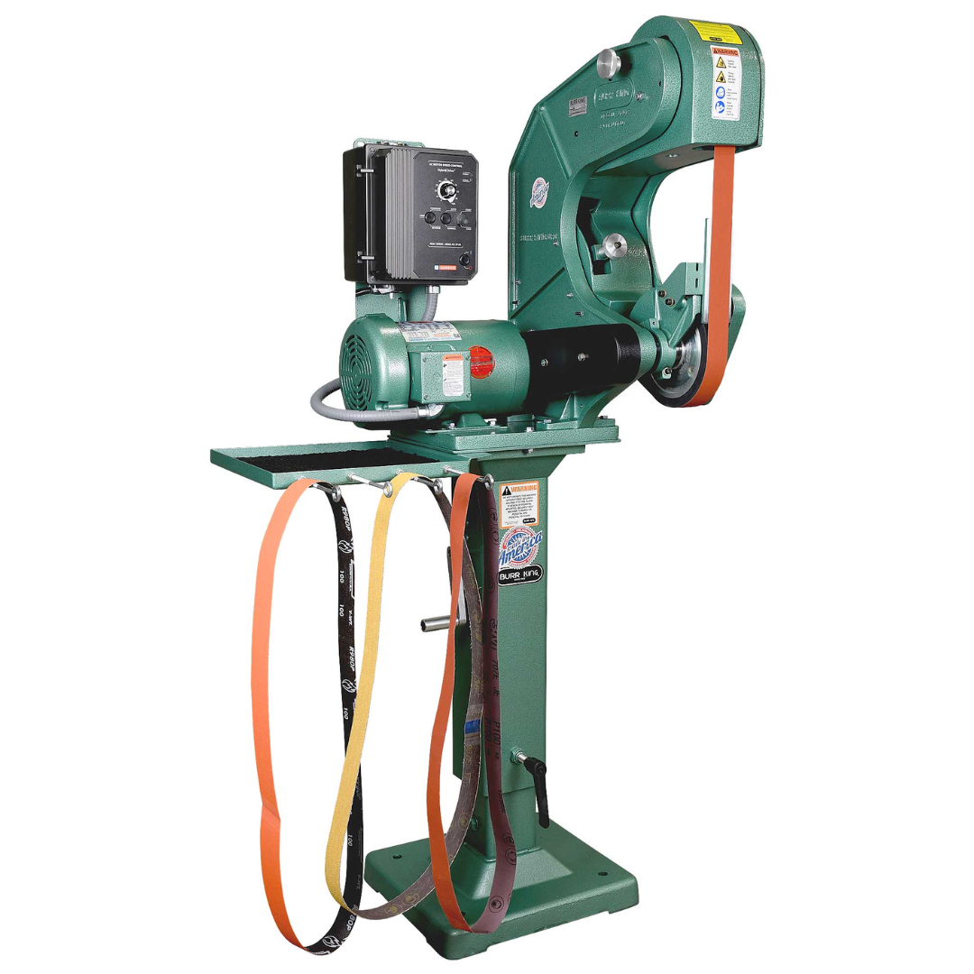 Burr King 1.5 x 60 or 2 x 60 Three Wheel Belt Grinder Model 760 72110 pedestal-mounted unit with variable speed controls designed for professional fabrication and production environments.
