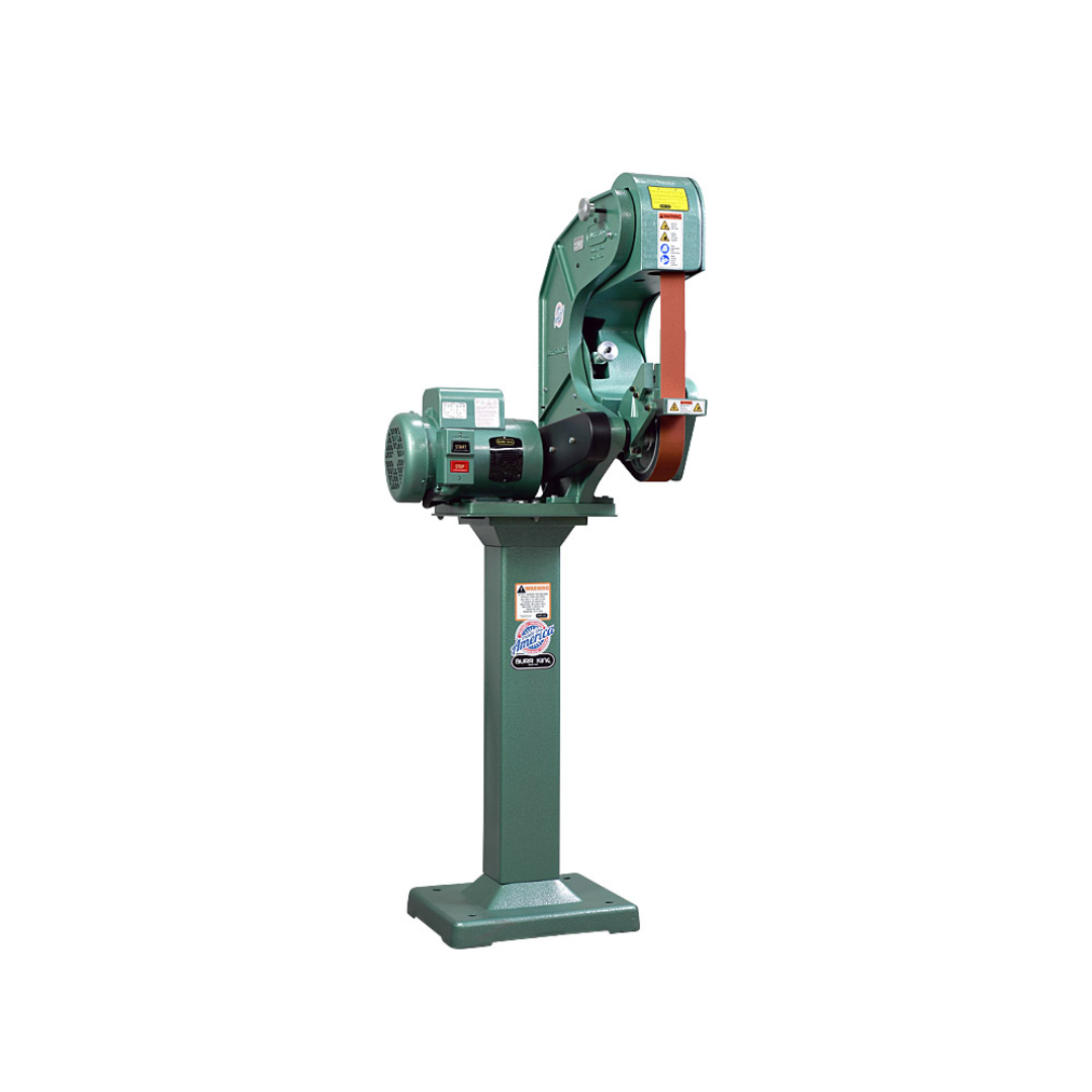 Burr King 1.5 x 60 or 2 x 60 Three Wheel Belt Grinder Model 760 75100 front angle view mounted on pedestal showing the motor, grinding belt, and industrial frame.